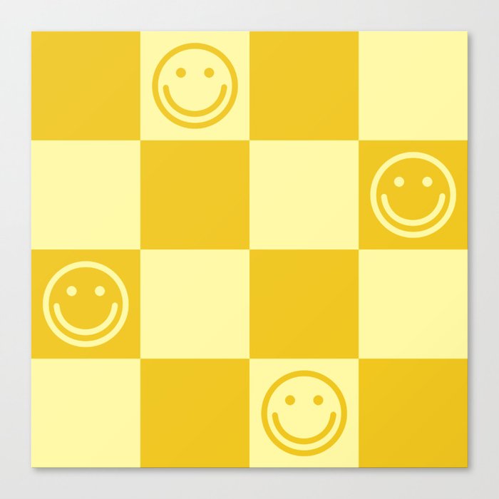 Cute Smiley Faces on Checkerboard \\ Sunshine Color Palette Canvas Print