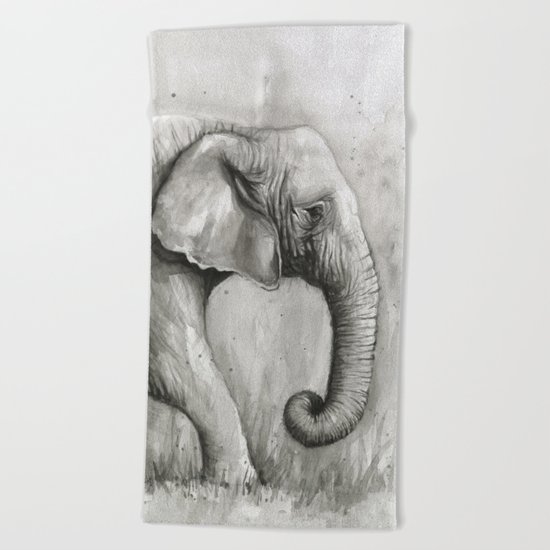 Elephant Black and White Watercolor Animals Beach Towel