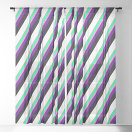 [ Thumbnail: Vibrant Green, Violet, Indigo, Black, and White Colored Striped/Lined Pattern Sheer Curtain ]