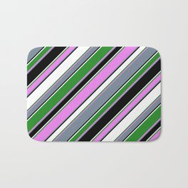 [ Thumbnail: Eye-catching Forest Green, Violet, Light Slate Gray, Black & White Colored Striped/Lined Pattern Bath Mat ]