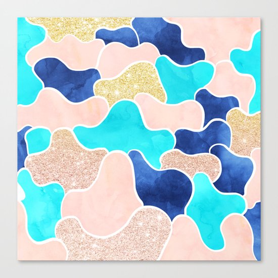 Color block faux gold turquoise pink watercolor Canvas Print