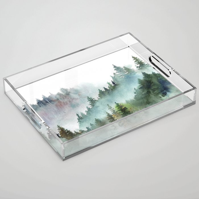 Watercolor Pine Forest Mountains in the Fog Acrylic Tray