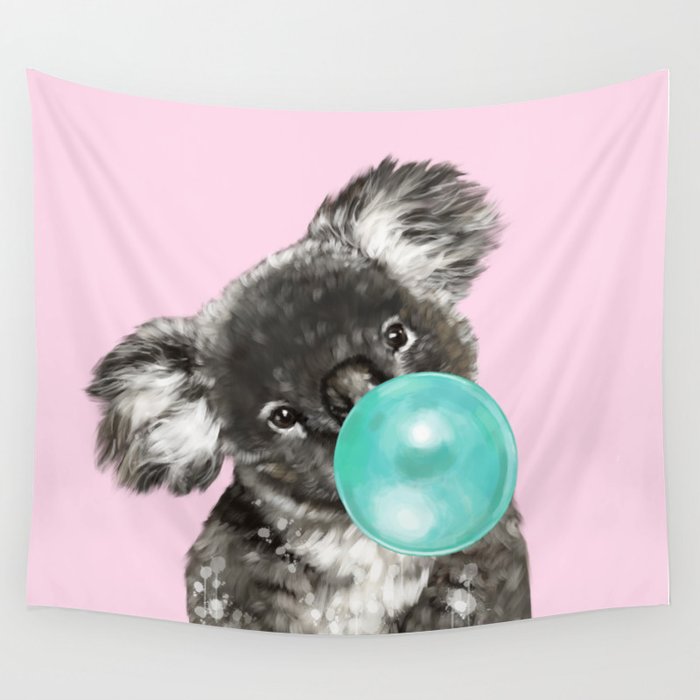 Playful Koala Bear with Bubble Gum in Pink Wall Tapestry