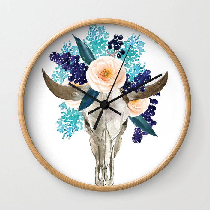 Bohemian bull skull with flowers Wall Clock