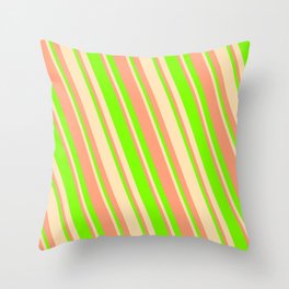 [ Thumbnail: Beige, Light Salmon & Chartreuse Colored Stripes Pattern Throw Pillow ]