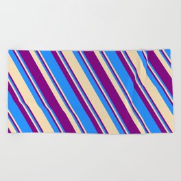 [ Thumbnail: Blue, Tan, and Purple Colored Striped Pattern Beach Towel ]