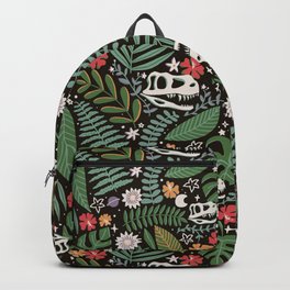 T Rex Tropical Dinosaur Floral - Black Red Green Multi Backpack