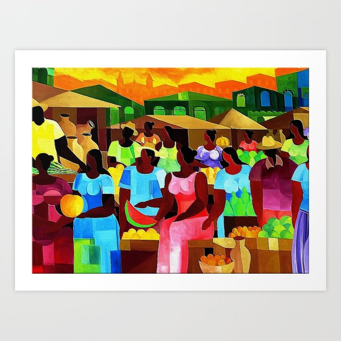 African American Saturday Farmer's Market street scene landscape painting for home and wall decor Art Print