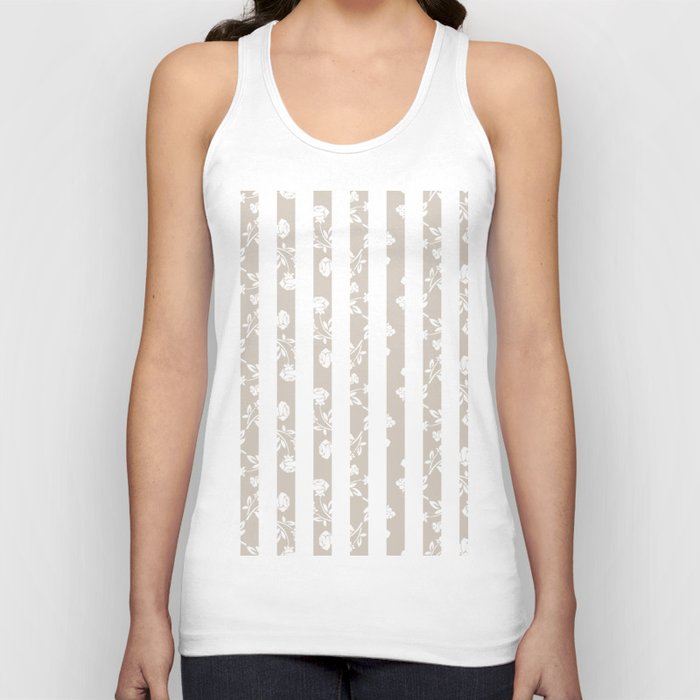 Floral White Rose Pattern on Sand Beige and White Stripes Tank Top