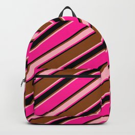 [ Thumbnail: Brown, Light Pink, Deep Pink & Black Colored Stripes/Lines Pattern Backpack ]