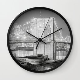 New York City Photo, Brooklyn Bridge, Brooklyn at Night, Black White, Photography, Poster Print, 1970s, Night Shot, New York Wall Clock