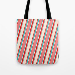 [ Thumbnail: Light Coral, Dark Turquoise, Beige & Red Colored Lines/Stripes Pattern Tote Bag ]