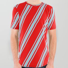 [ Thumbnail: Red and Light Blue Colored Lined Pattern All Over Graphic Tee ]