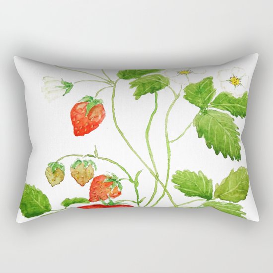 strawberry and strawberry flowers watercolor painting Rectangular Pillow
