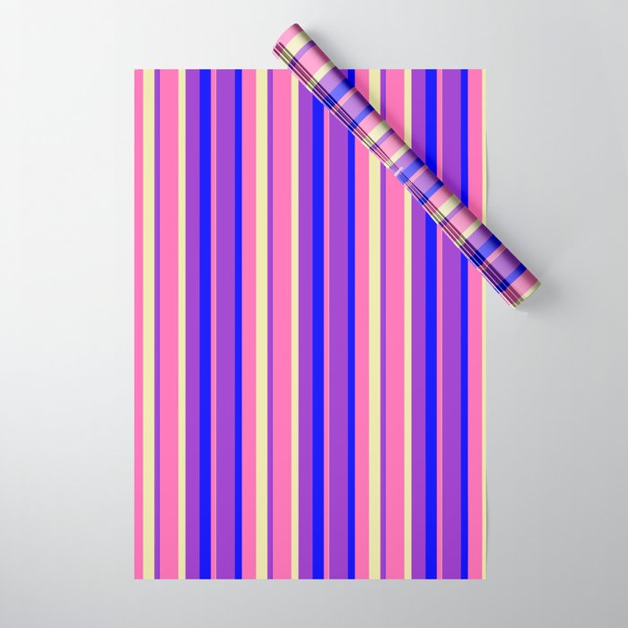 Hot Pink, Pale Goldenrod, Dark Orchid & Blue Colored Stripes Pattern Wrapping Paper
