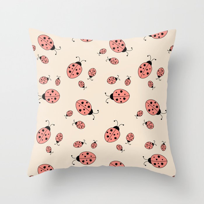 Ladybugs in Buttercream and Coral Pink Throw Pillow