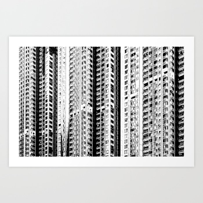 City illustration, Hong Kong Architecture, skyscraper black and white Art Print