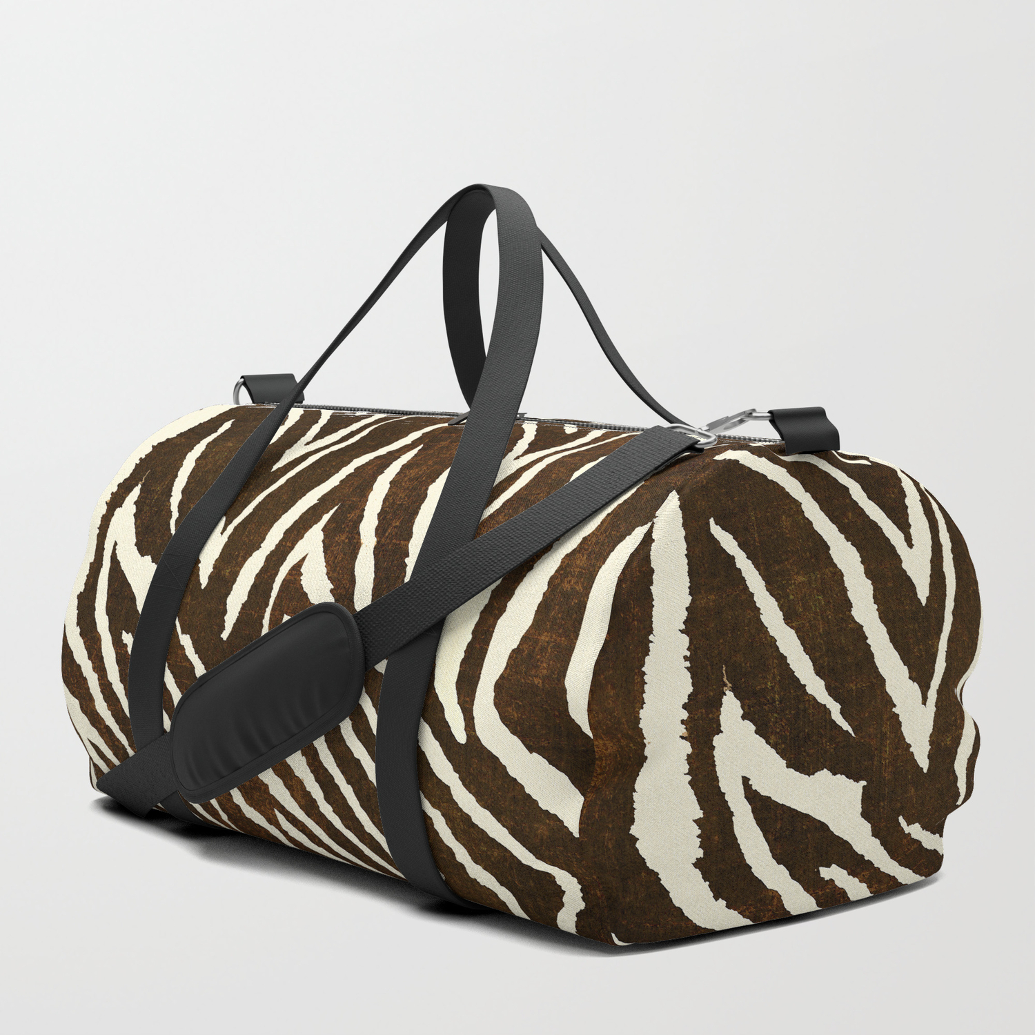Animal Print Zebra In Winter Brown And Beige Duffle Bag By Saundramyles