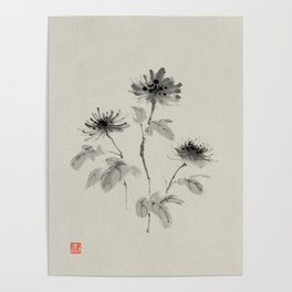 Japanese painting flower grayscale ink on paper Poster