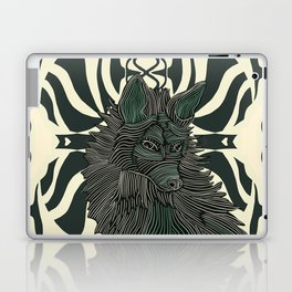 Beautiful decorated fox sitting on a green patterned background Laptop Skin