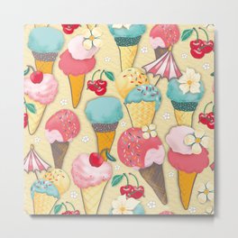 Ice wafers with raspberry ice cream on yellow Metal Print | Icecream, Cherries, Drawing, Repeatpattern, Pattern, Icecreamcones, Colorofmagic, Strawberryice, Raspberryicecream, Icecreamwaffles 