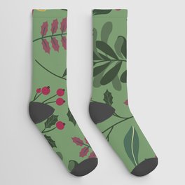 Christmas Pattern Retro Green Floral Socks