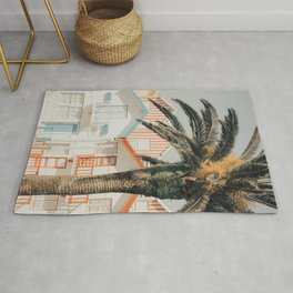 Palm Tree - Colorful Pastel Striped Beach Houses - Europe Travel Photography Rug