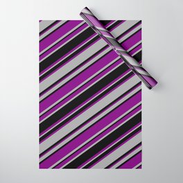 [ Thumbnail: Purple, Dark Gray & Black Colored Striped/Lined Pattern Wrapping Paper ]