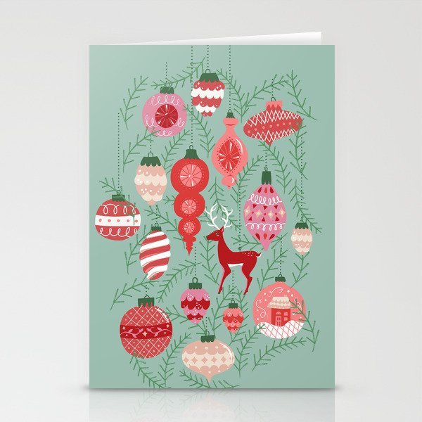 Mid-Century Ornaments in Red and Mint Stationery Cards