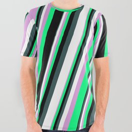 [ Thumbnail: Plum, Green, Black, Dark Slate Gray & White Colored Striped/Lined Pattern All Over Graphic Tee ]