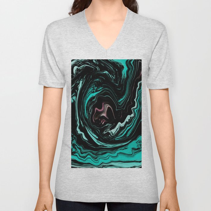 Pink, Teal, Turquoise and Black Abstract Art, Digital Fluid Art Blend V Neck T Shirt