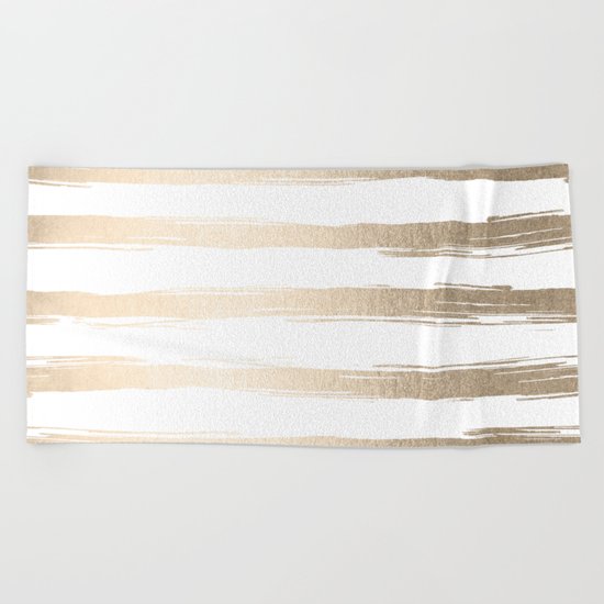 Simply Brushed Stripes White Gold Sands on White Beach Towel