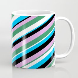 [ Thumbnail: Eyecatching Plum, Sea Green, White, Deep Sky Blue, and Black Colored Pattern of Stripes Coffee Mug ]