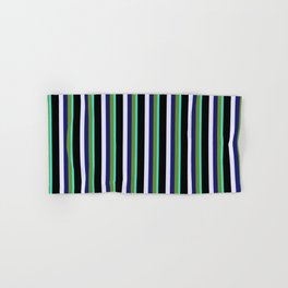 [ Thumbnail: Eye-catching Turquoise, Green, Midnight Blue, Lavender, and Black Colored Striped Pattern Hand & Bath Towel ]