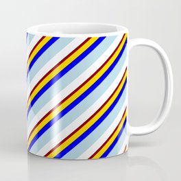 [ Thumbnail: Eye-catching Yellow, Blue, Light Blue, White & Maroon Colored Lines Pattern Coffee Mug ]