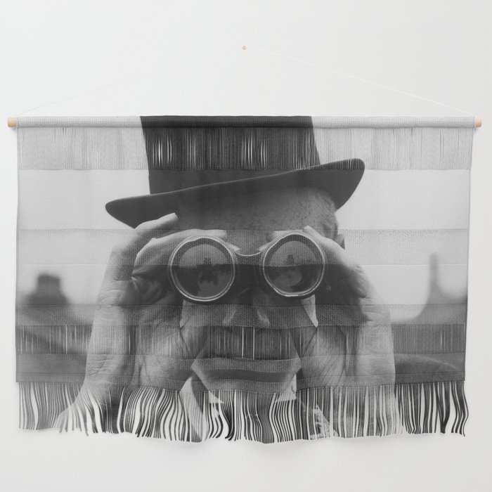 Derby Spectator watching ponies with opera glasses black and white photograph - photography - photographs Wall Hanging