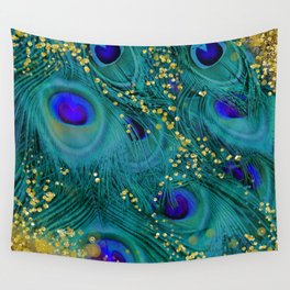 Teal Peacock Feathers Wall Tapestry