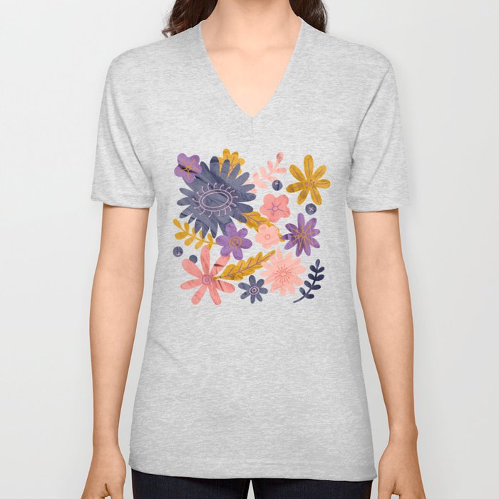 Floral Groovy Retro 70s Seventies Pattern Palette V Neck T Shirt