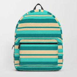 [ Thumbnail: Dark Cyan, Tan & Turquoise Colored Pattern of Stripes Backpack ]