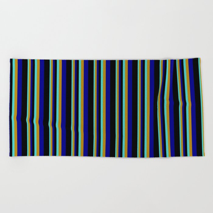 Turquoise, Dark Goldenrod, Dark Blue & Black Colored Stripes Pattern Beach Towel