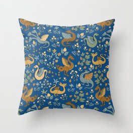 Dragons and Flowers on Classic Blue Throw Pillow