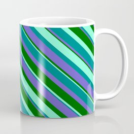 [ Thumbnail: Aquamarine, Teal, Slate Blue, and Dark Green Colored Striped Pattern Coffee Mug ]