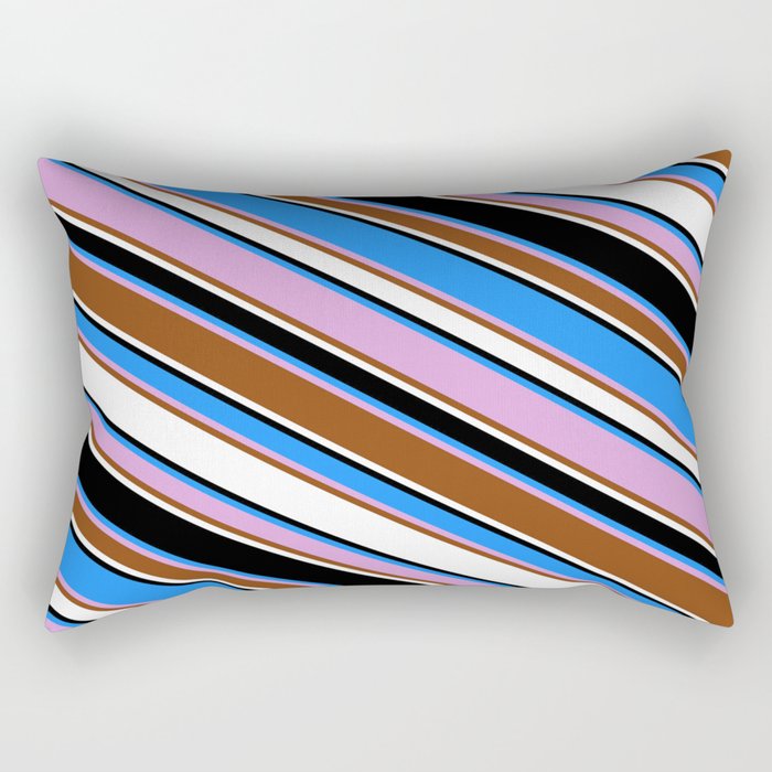 Blue, Plum, Brown, White & Black Colored Lined/Striped Pattern Rectangular Pillow