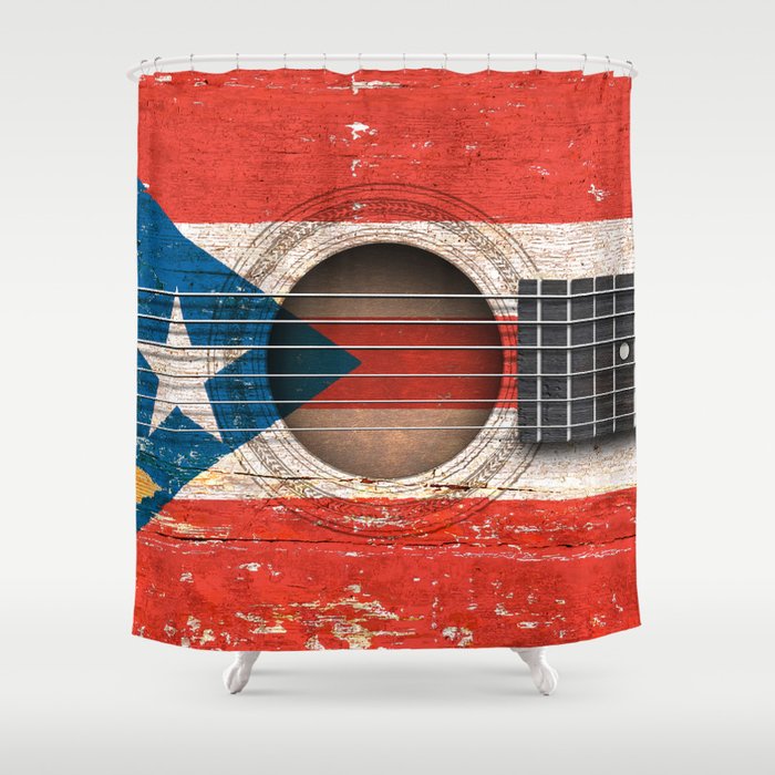 Old Vintage Acoustic Guitar With Puerto Rican Flag Shower Curtain