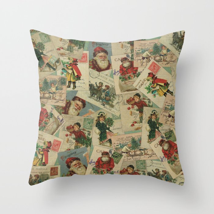 Vintage Christmas Postcard Collage Print - Santa / Stamps / Pattern / Victorian Throw Pillow