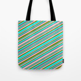 [ Thumbnail: Cyan, Slate Gray, Pink & Green Colored Lines Pattern Tote Bag ]