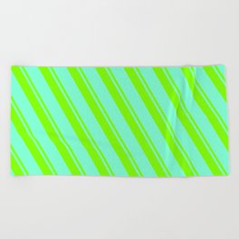 [ Thumbnail: Chartreuse & Aquamarine Colored Lined Pattern Beach Towel ]