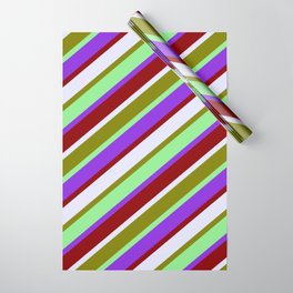 [ Thumbnail: Vibrant Light Green, Purple, Dark Red, Lavender, and Green Colored Lined/Striped Pattern Wrapping Paper ]
