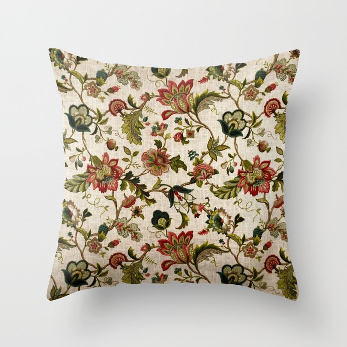 Red Green Jacobean Floral Embroidery Pattern Throw Pillow