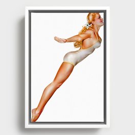 Sexy Blonde Pin Up Dip With White Swimwear Framed Canvas